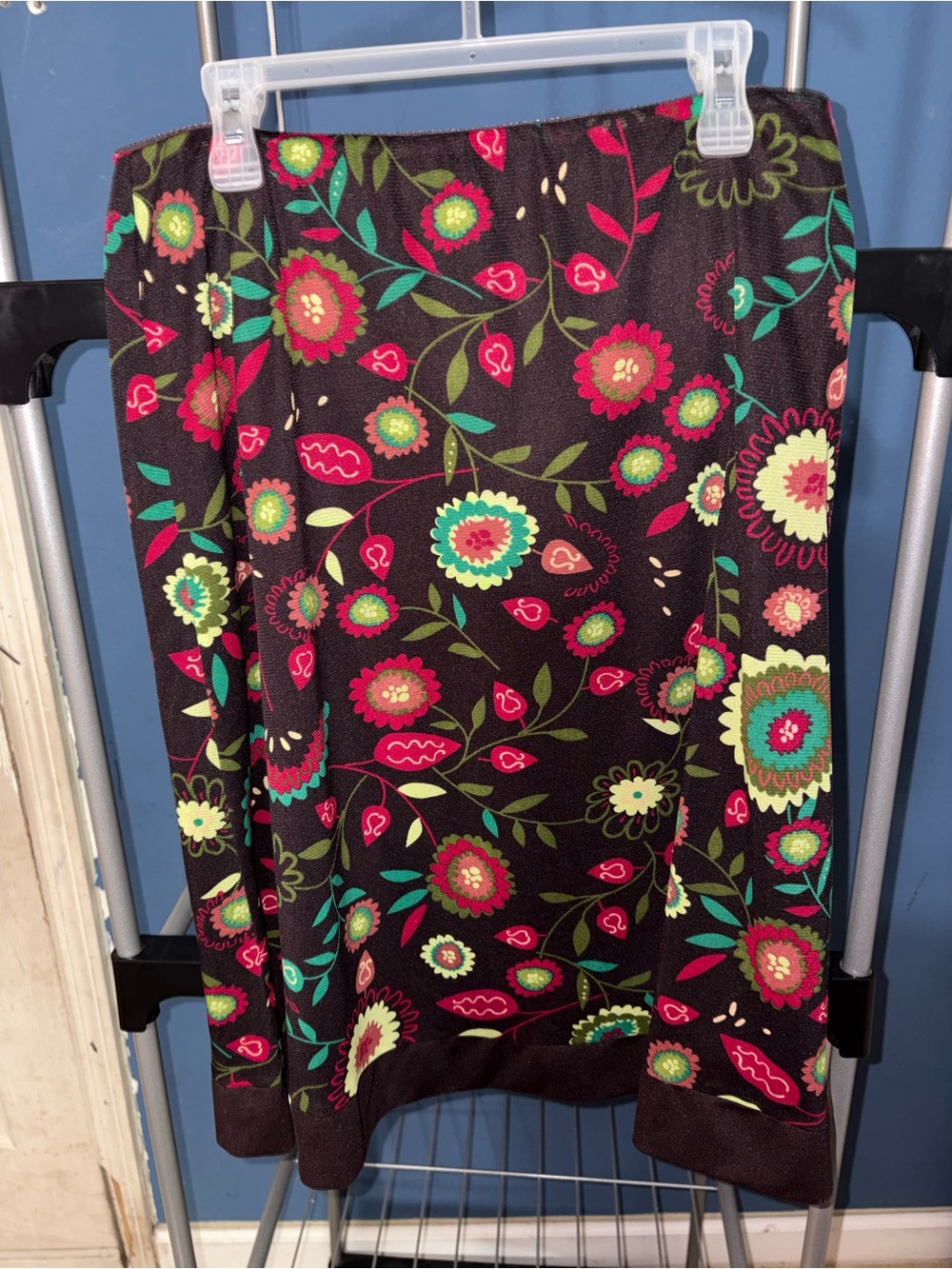 Anne Klein Black Floral Midi Skirt with Pink & Green Accents
